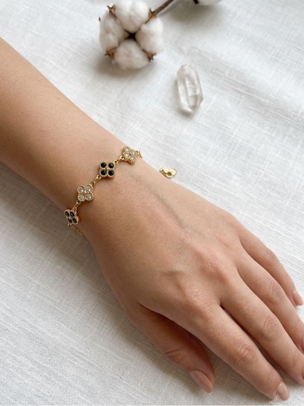 Gold Clover Bracelet with Black and White Accents